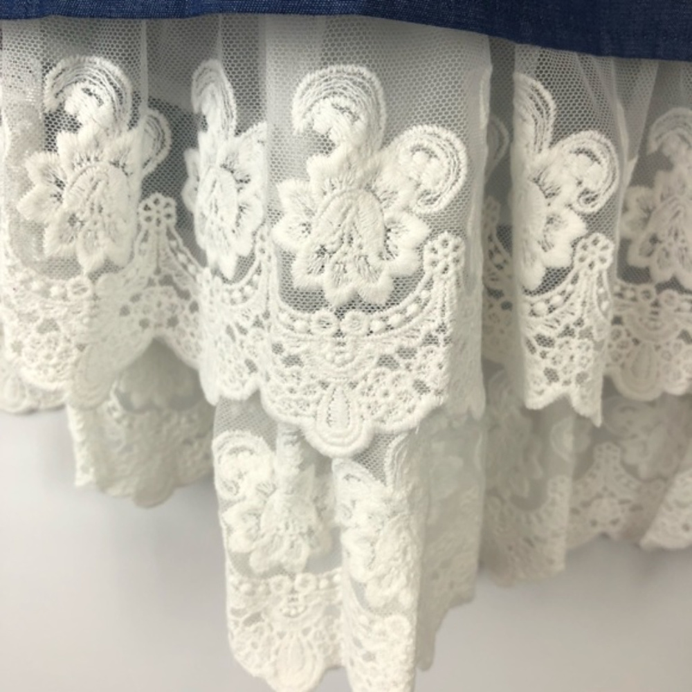NWT Denim Chambray Lace Empire Waist Ruffle Ivory Lace Dress - Picture 5 of 8